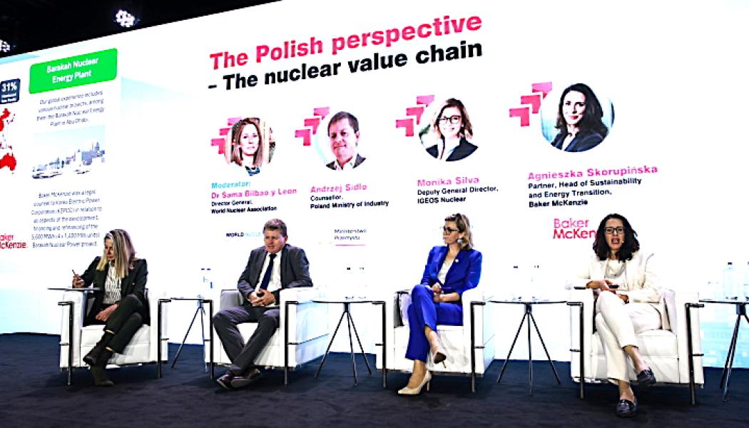 Paneldebatt vid senaste World Nuclear Supply Chain Conference i Warszawa.
-  Vi börjar vår kärnkraftsresa, men inte från noll. Vi har ännu ingen kärnkraft i vår energimix, men vi har många erfarna företag tack vare exportprojekt och internationellt samarbete, sade Andrzej Sidlo vid Polens näringsdepartement under konferensen i Warszawa. Foto: World Nuclear Association