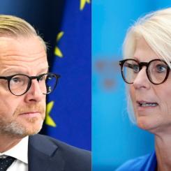 Anders Wiklund/TT/Ali Lorestani / TT: Finansminister Mikael Damberg (tv) och Moderaternas ekonomisk-politiska talesperson Elisabeth Svantesson.