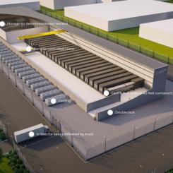En visualisering av ett 1 gigawatt kraftverk baserat på Copenhagen Atomics smältsaltreaktor (Bild: UK Atomics).