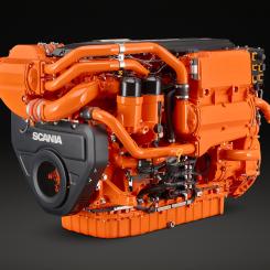 Den nya 13-liters marinmotorn för framdrivning har ett effektintervall på 257-772 kW (350-1050 HK) och ett hjälpeffektintervall på 301-553 kW beroende på arbetsbelastning, utsläppsstandarder och varvtal. Foto: Scania