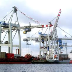 Containerterminal i Hamburgs hamn. Foto: © Raimond Spekking/Wikimedia Commons