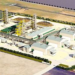 Anläggningen i Kassö, som ligger nära företagets egna solcellspark på över 300 megawatt, är planerad att initialt producera upp till 32 000 ton e-metanol årligen. Illustration: European Energy
