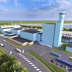 Illustration av RWE:s planerade 850 megawatt stora ”vätgasklara” kraftverk i Voerde i Tyskland. Bild: RWE