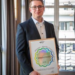 Weeefiner vann priset för sin uppfinning som "möjliggör selektiv återvinning av värdefulla råämnen från industrins processvatten". Foto: Patentstyret/Kuvassa Elmeri Lahtinen
