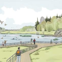 Idéskiss av rekreationsområdet vid våtmarken i Katrineholm. Bild: AWS