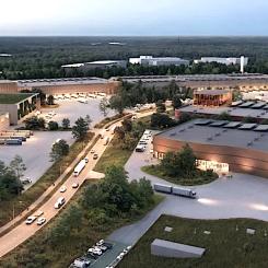 Illustration av det planerade industriområdet som ska byggas helt i trä. Bild: Linnan Kehitys Oy