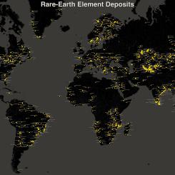 Globala fyndigheter av sällsynta jordartsmetaller. Karta: Wikipedia Commons lic. Kredit: Upphovsperson: Wikideas1