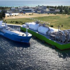 Förutom HH2E:s stora vätgasprojekt planeras vid Östersjökusten i Lubmin även världens första flytande importterminal för vätgas. LNG-terminaloperatören Deutsche ReGas och energibolaget Höegh LNG har undertecknat en principöverenskommelse för detta. "H2-Importterminal Lubmin" ska omvandla grönt ammoniak till vätgas i industriell skala, som sedan kommer att transporteras till land via en pipeline. Foto: Höegh LNG