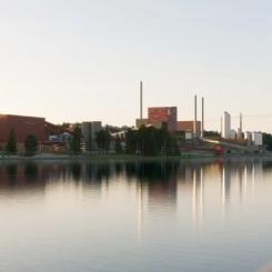 En illustration av Igelstaverket och den nya bio-CCS-anläggningen.  Liljewall arkitekter