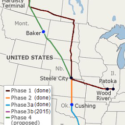 Karta över projektet och hur det kommer att se ut om allt blir slutfört. Det är den gröna (XL) och lila linjen som återstår. Foto: Meclee (datakälla TransCanada)/Wikimedia Commons