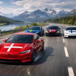 Den nordiska bilracen. Danskarna visade stort intresse för att köpa bil i januari, medan försäljningen minskade i övriga Norden. Illustration: ej fotografi – AI-genererat innehåll, copyright, Conventus.