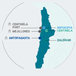 Investeringen avser en ny anrikningsanläggning som väntas ge ett produktionstillskott på 170 000 kopparekvivalenter per år. Karta: Antofagasta