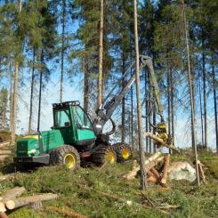 En hjulburen skördare från Timberjack staplar avverkat virke i Finland. Foto: Wikipedia Commons Lic: kredit: Heikki Valve
