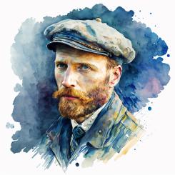 Inte bara språkmodeller. AI även i konstens tjänst. Vincent van Gogh i vattenfärger skapad av Midjourney AI. Foto: Wikipedia Common, kredit: Midjourney AI, Netha Hussain