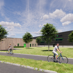 Skissbild på Vosslohs nya fabrik i Kumla kommun. Bild: Vossloh